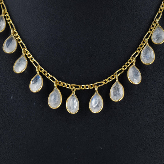 Moonstone Yellow Gold Drop Fringe Festoon Necklace