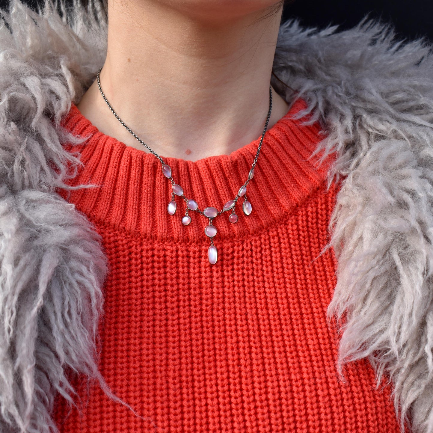 Antique Moonstone Silver Drop Fringe Festoon Necklace | Edwardian