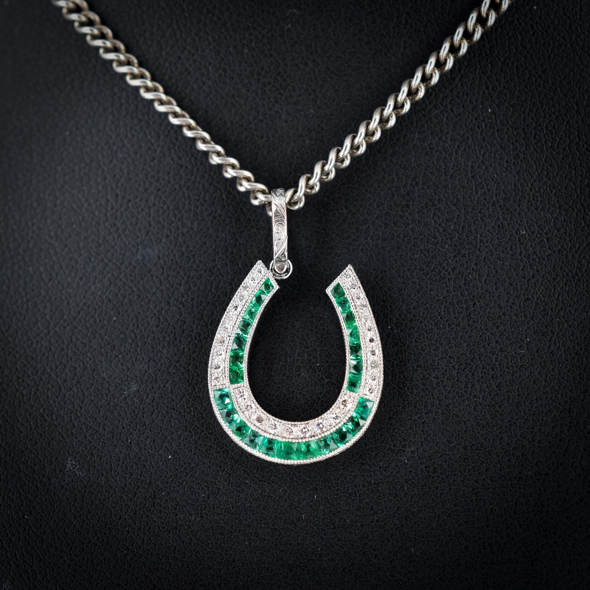 Emerald and Diamond Double Row Horseshoe Platinum Charm Pendant