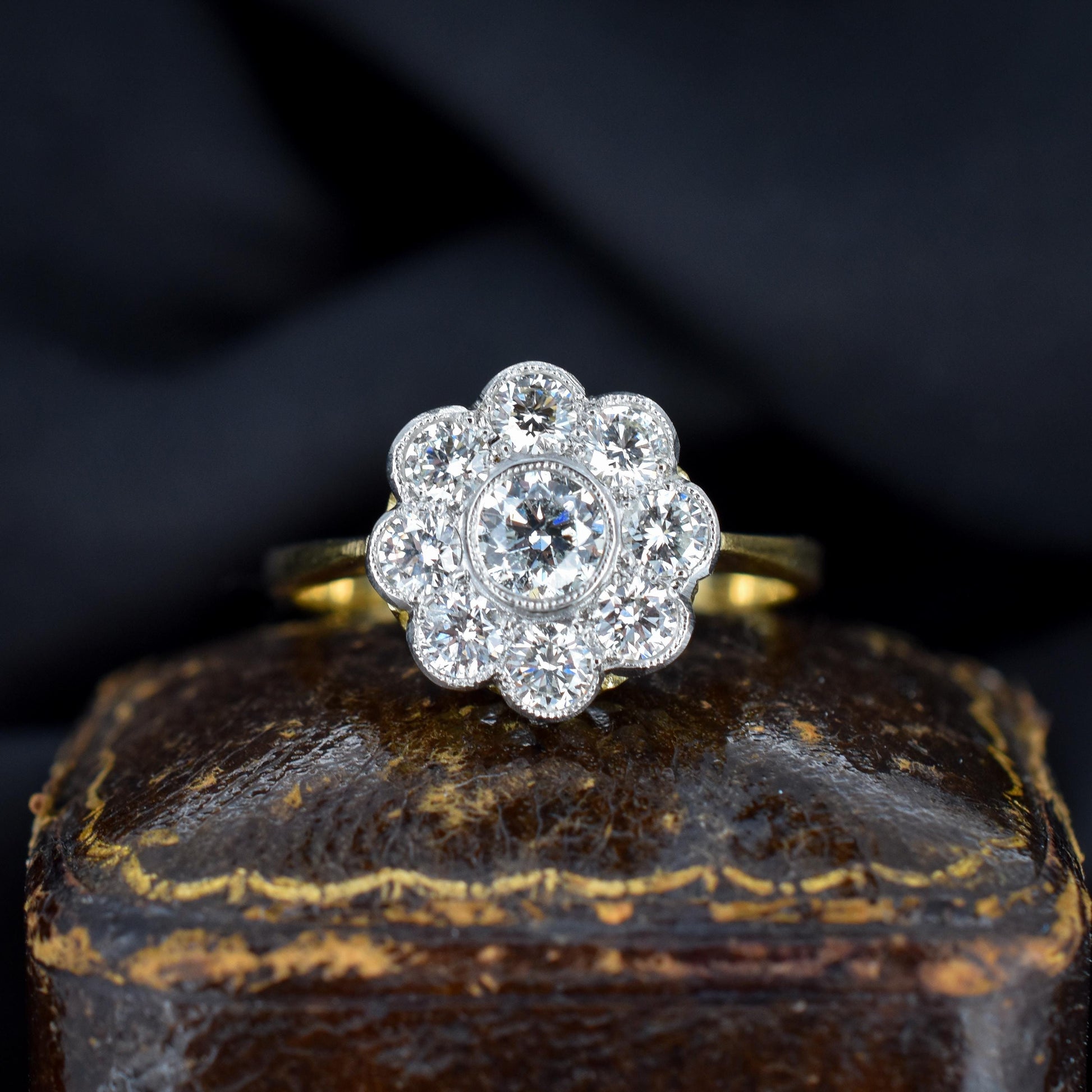 1.05ct Diamond Daisy Cluster Halo 18ct Yellow Gold and Platinum Ring | Antique Style