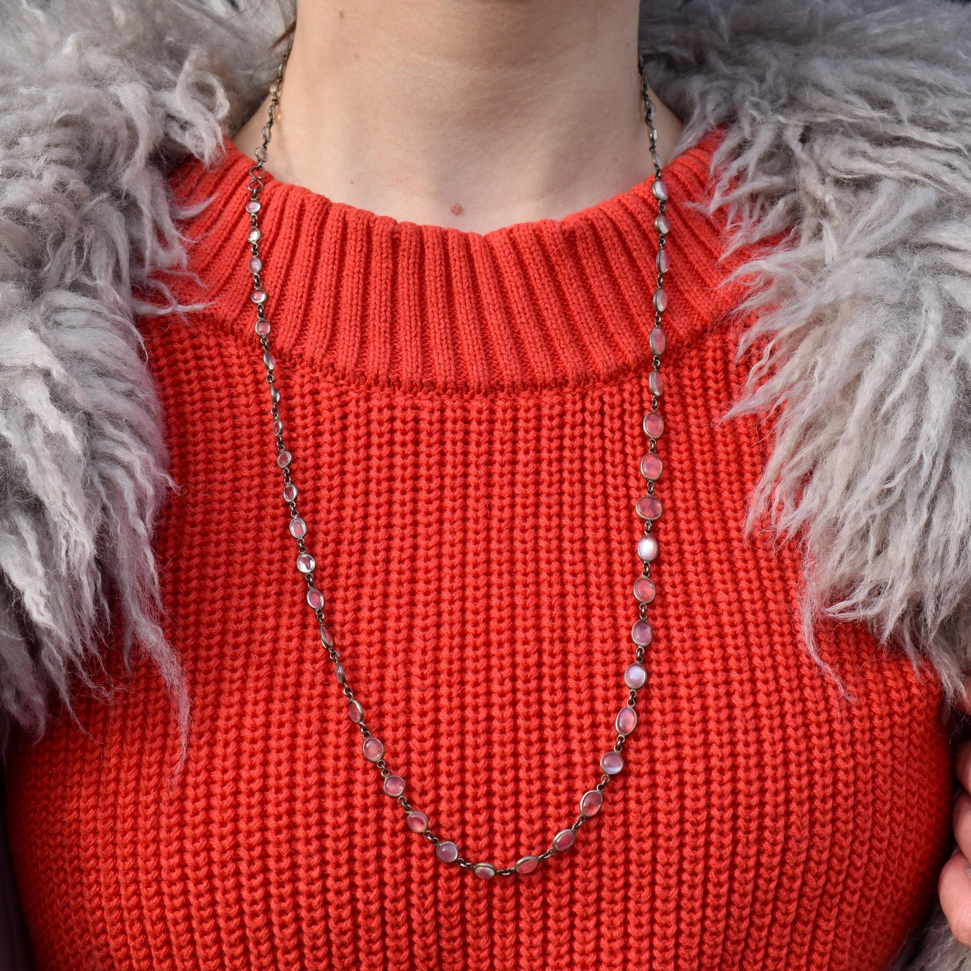 Antique Moonstone Silver 28" Long Chain Necklace | Edwardian