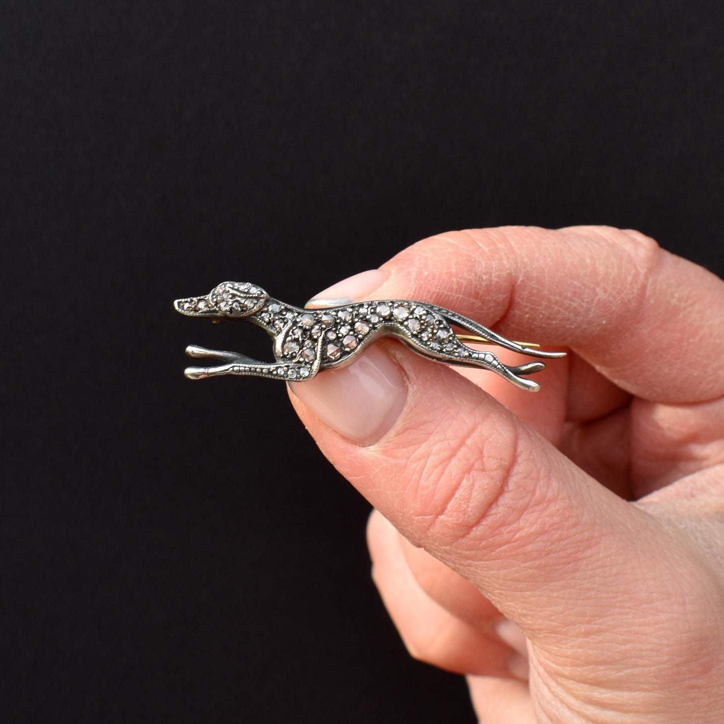 Antique Style Diamond Greyhound Dog Brooch Pin