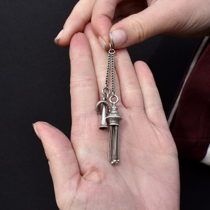 Antique Silver Tassel and Horseshoe Horn Charm Pendant - Victorian