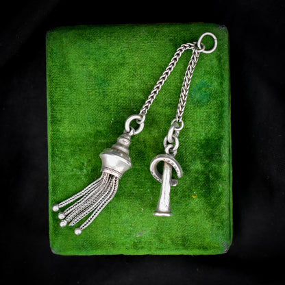 Antique Silver Tassel and Horseshoe Horn Charm Pendant - Victorian