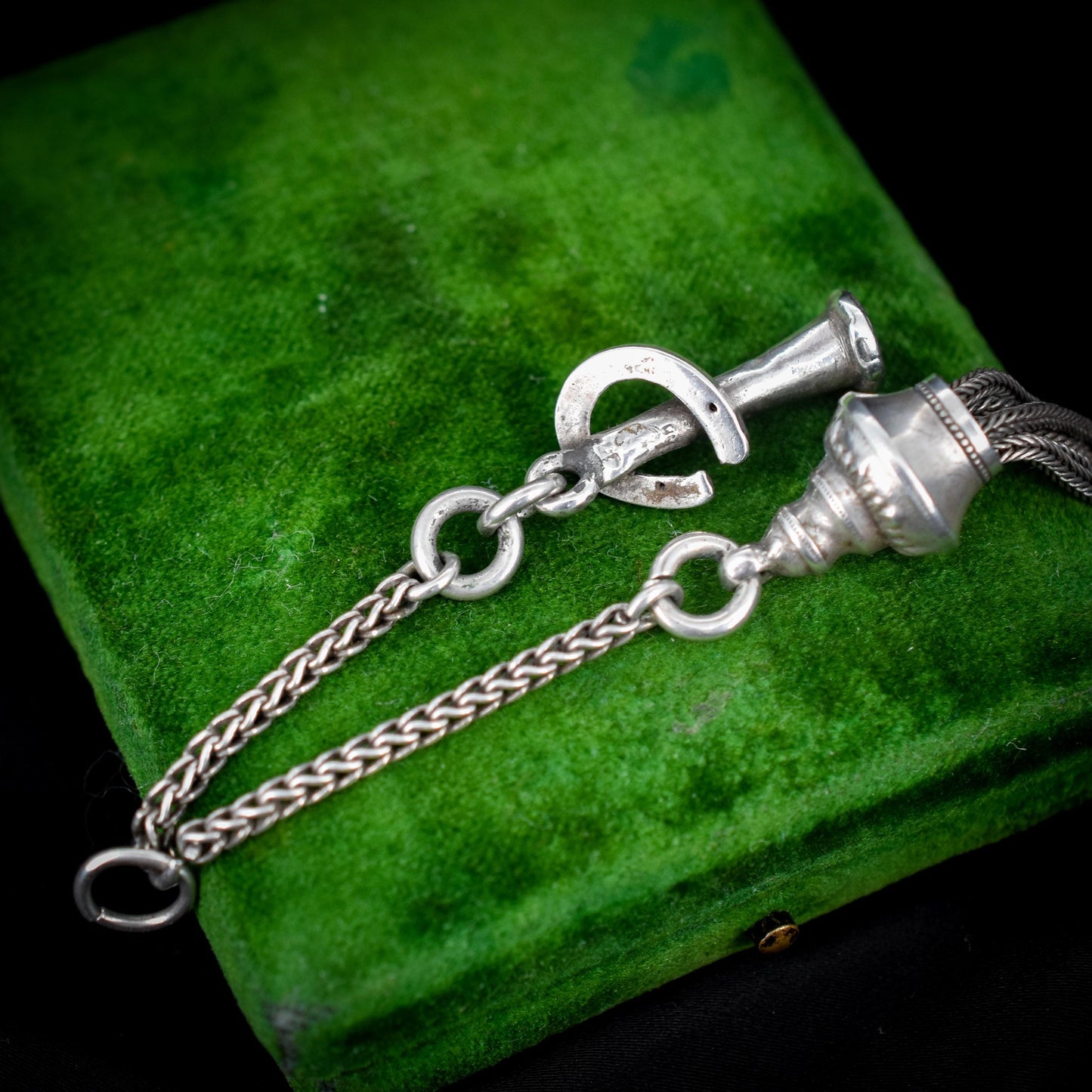 Antique Silver Tassel and Horseshoe Horn Charm Pendant - Victorian