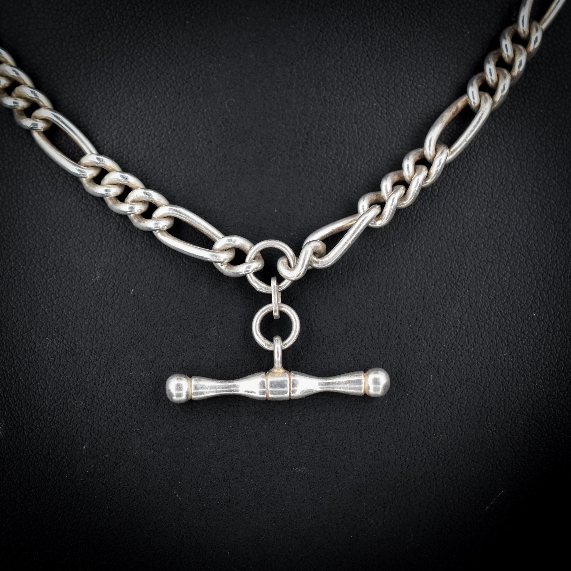 Vintage Sterling Silver Figaro Watch Chain Necklace with Dog Clip and T Bar | 18"