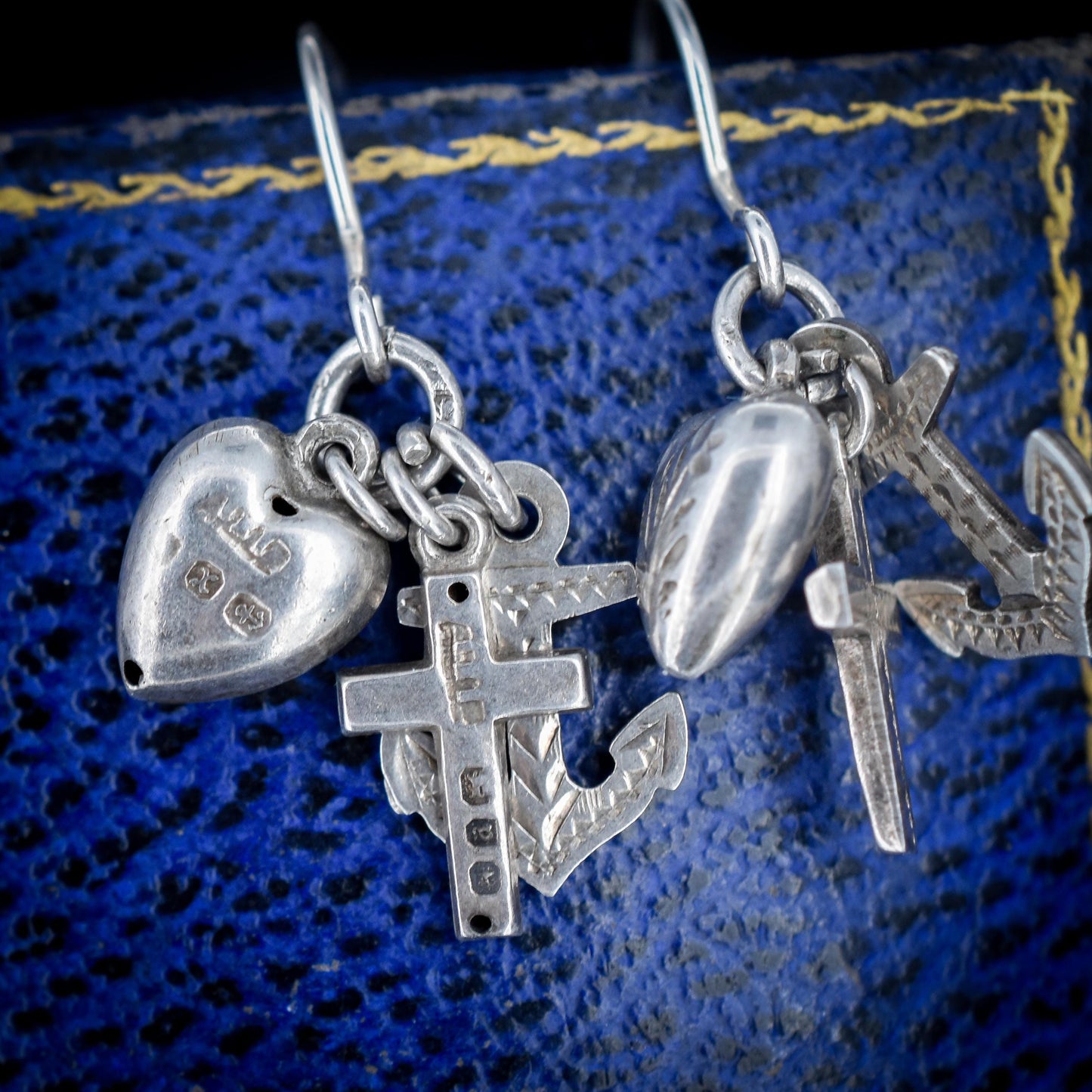 Antique Silver Trio of Charms Faith Hope Charity Drop Earrings