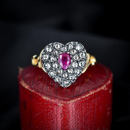 Ruby and Rose cut Diamond Heart 18ct Gold Ring | Antique Style