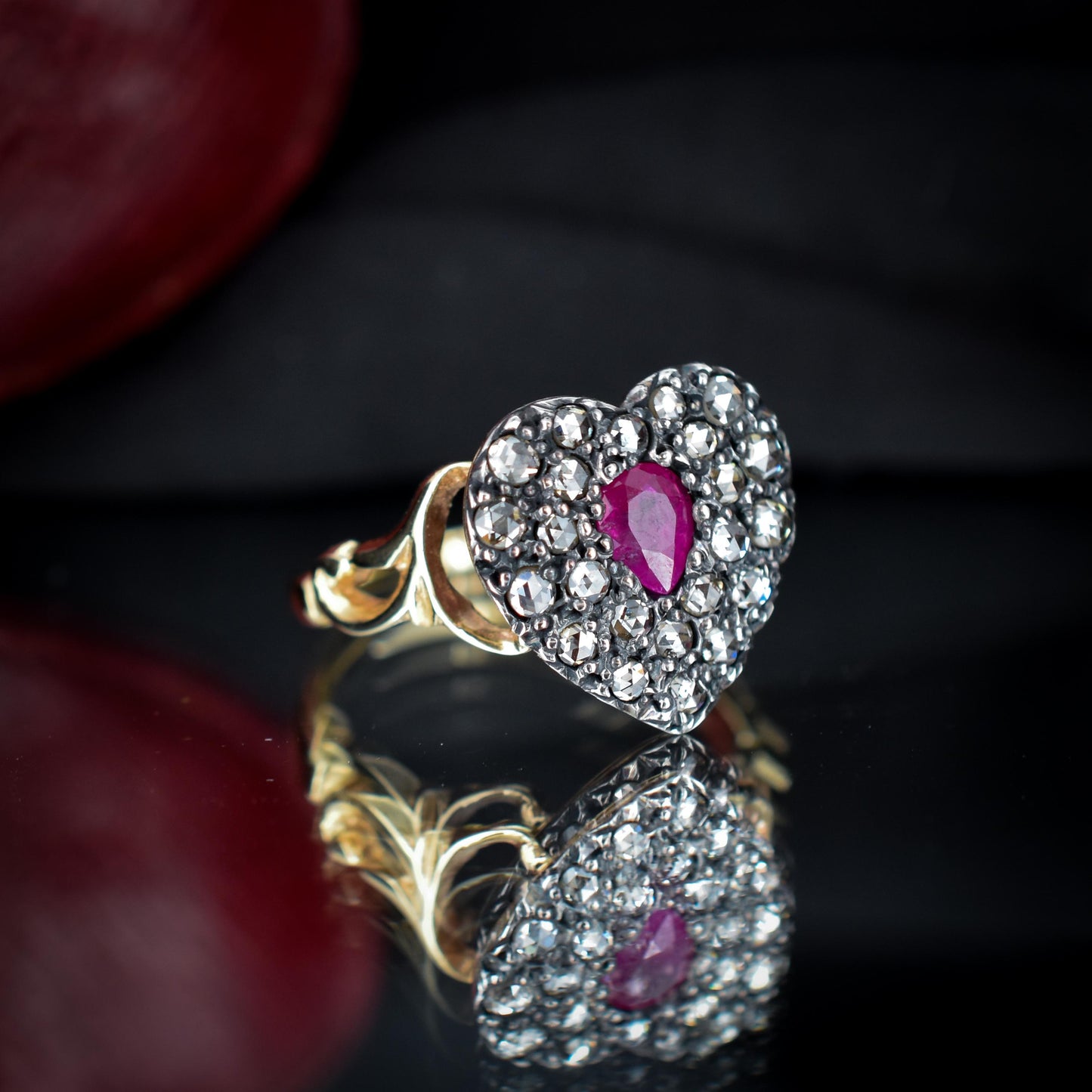 Ruby and Rose cut Diamond Heart 18ct Gold Ring | Antique Style