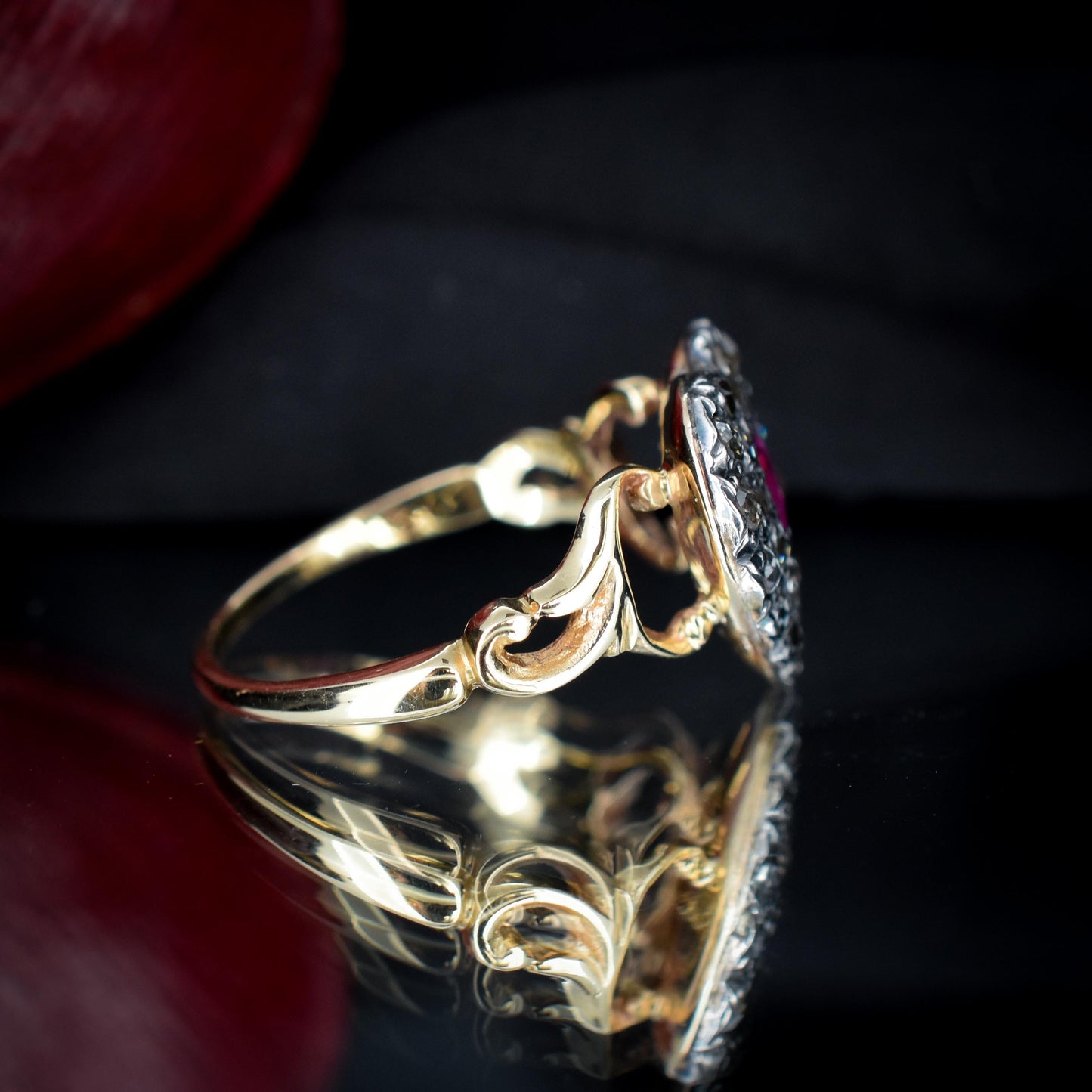 Ruby and Rose cut Diamond Heart 18ct Gold Ring | Antique Style