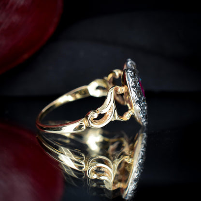 Ruby and Rose cut Diamond Heart 18ct Gold Ring | Antique Style