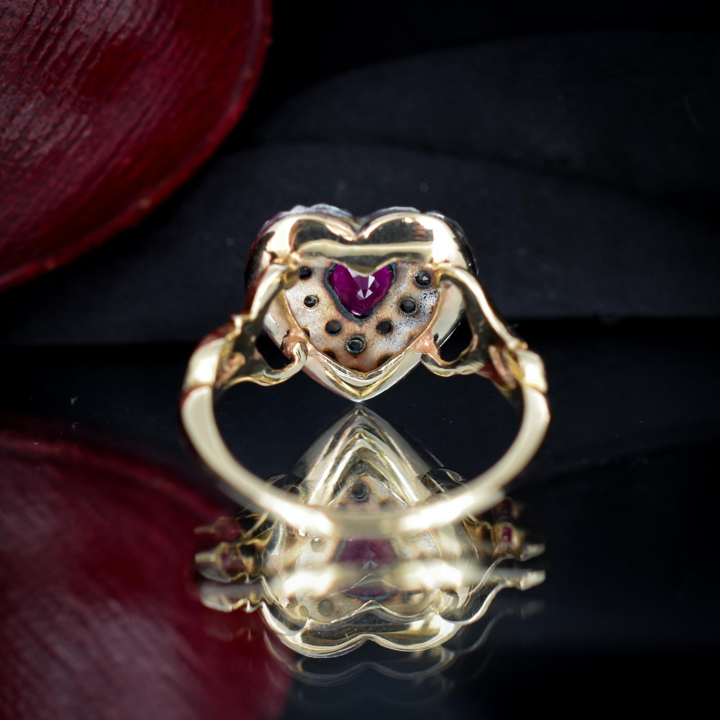 Ruby and Rose cut Diamond Heart 18ct Gold Ring | Antique Style