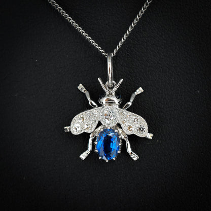 Sapphire and Diamond Platinum Insect Bee Pendant | 0.70ct Sapphire