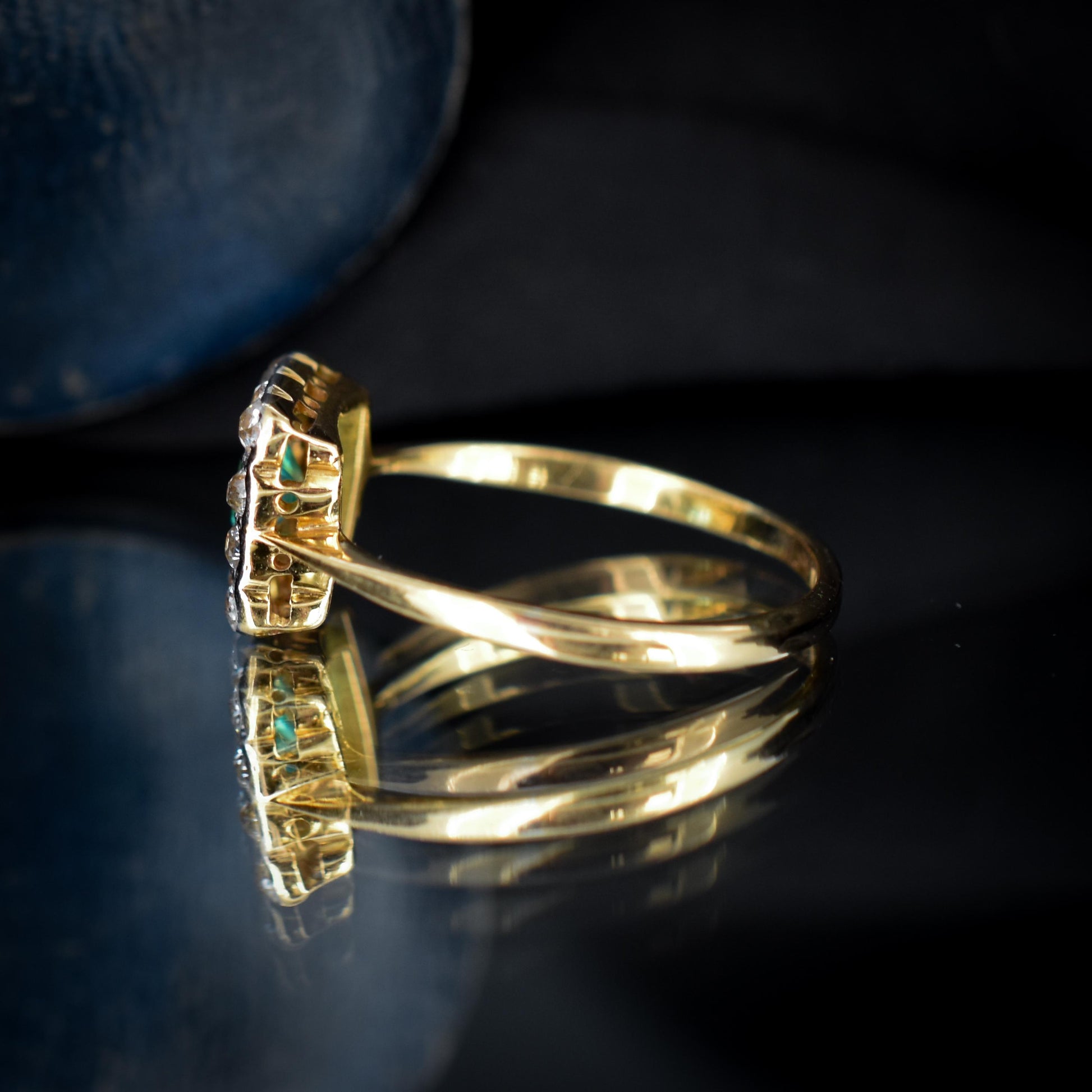 Antique Emerald and Diamond Square Cluster Halo 18ct Gold Ring