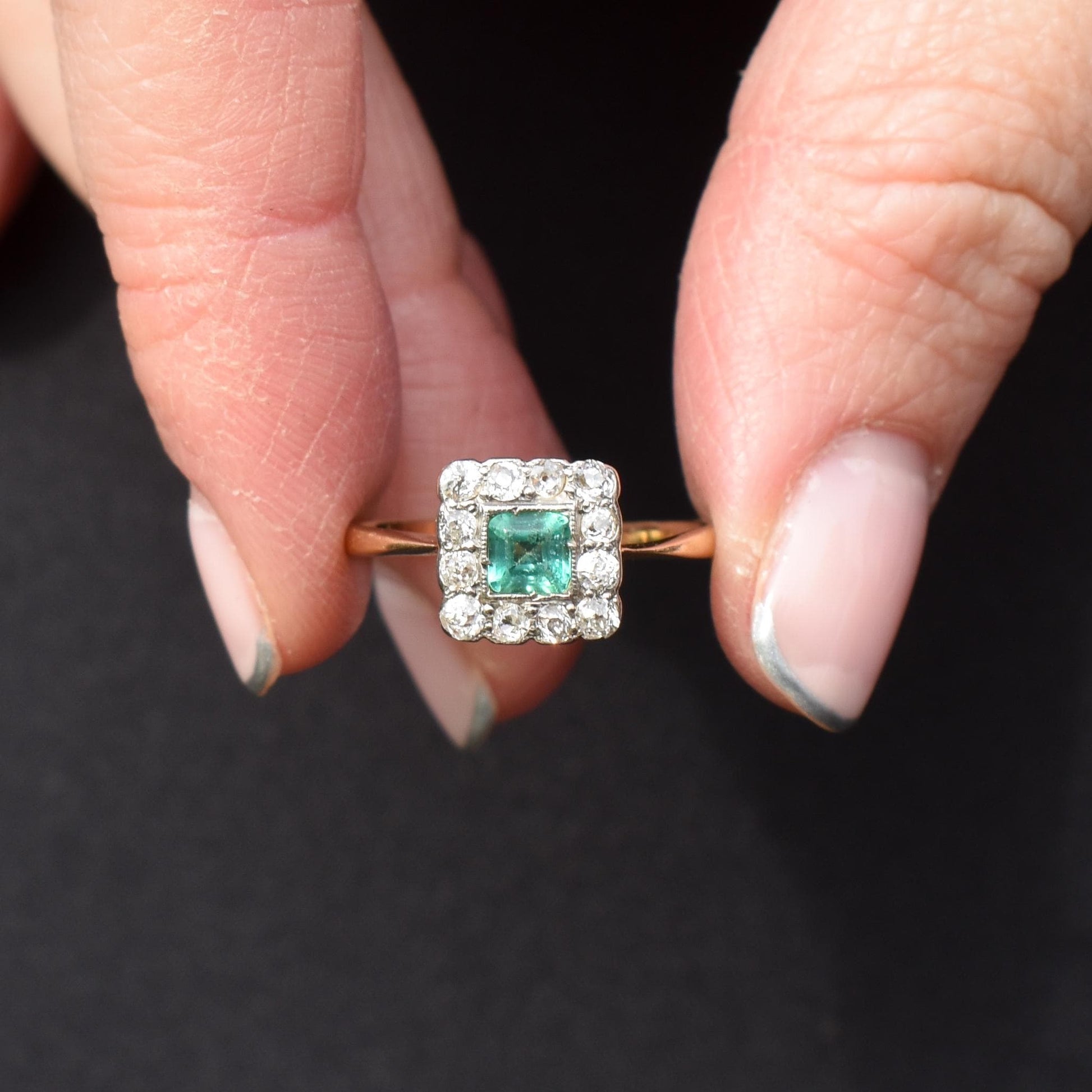 Antique Emerald and Diamond Square Cluster Halo 18ct Gold Ring