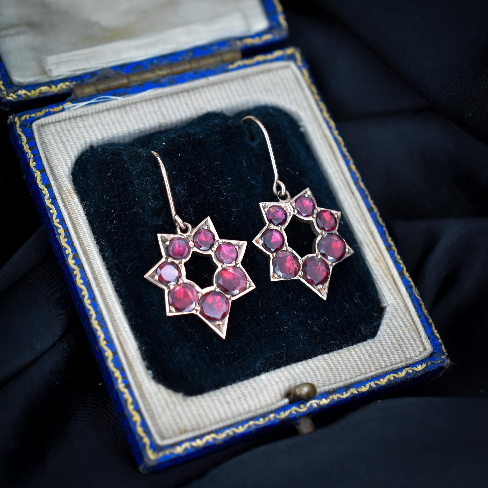 Antique Georgian Flat Cut Garnet 9ct Gold Star Earrings