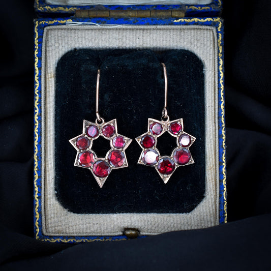 Antique Georgian Flat Cut Garnet 9ct Gold Star Earrings