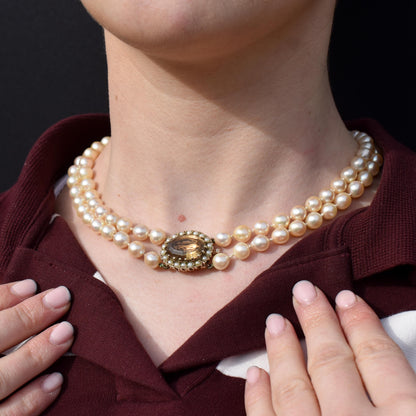 Vintage Multi Strand Pearl 9ct Gold Citrine Double Strand Beaded Necklace