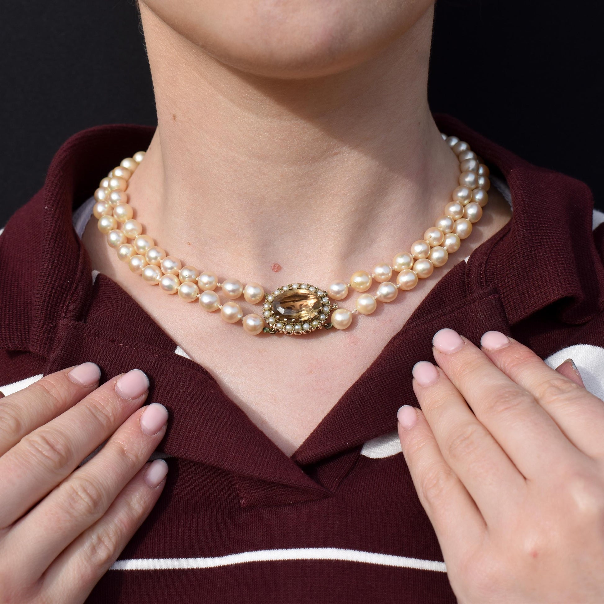 Vintage Multi Strand Pearl 9ct Gold Citrine Double Strand Beaded Necklace