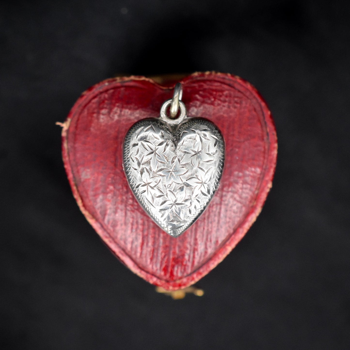 Antique Edwardian Sterling Silver Engraved Puffy Ivy Heart Pendant