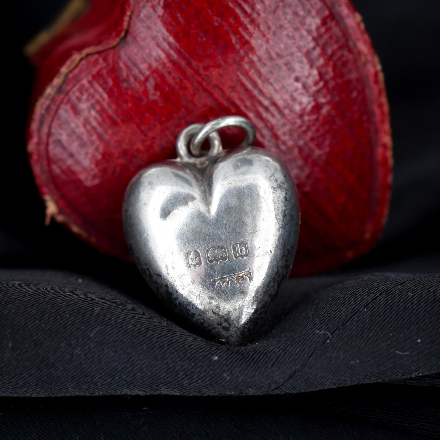 Antique Edwardian Sterling Silver Engraved Puffy Ivy Heart Pendant