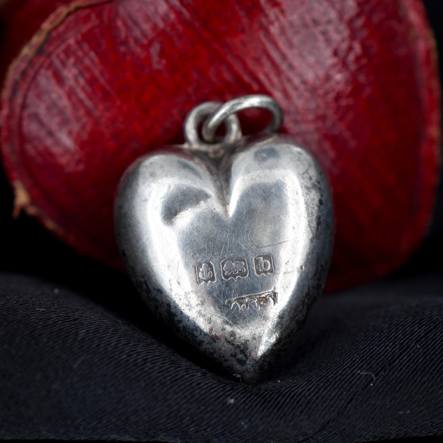 Antique Edwardian Sterling Silver Engraved Puffy Ivy Heart Pendant