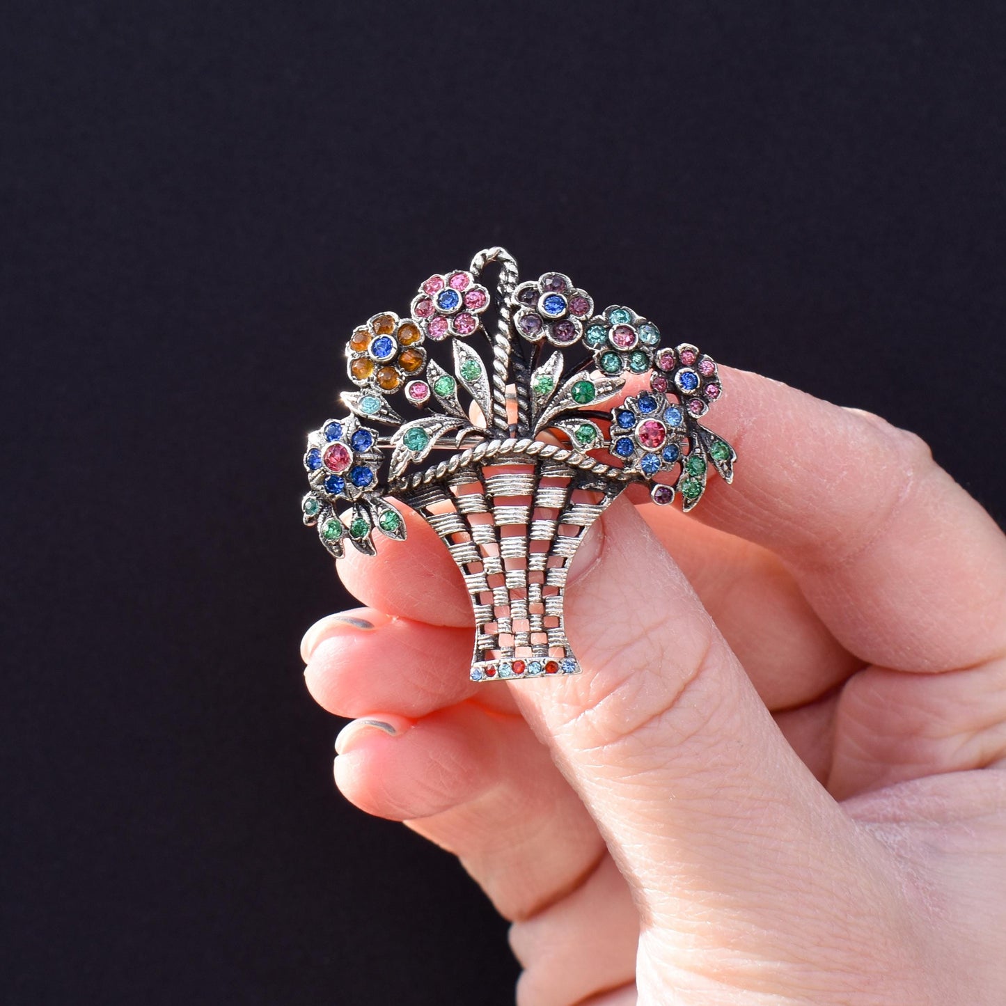 Antique Colourful Paste Sterling Silver Flower Basket Brooch Pin | Giardinetti