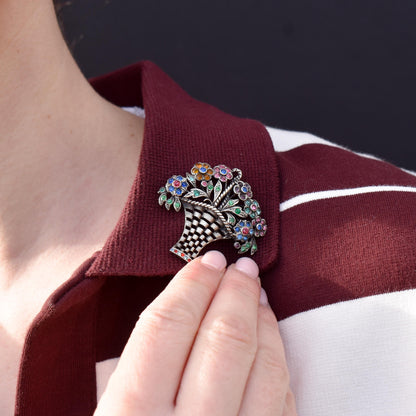 Antique Colourful Paste Sterling Silver Flower Basket Brooch Pin | Giardinetti