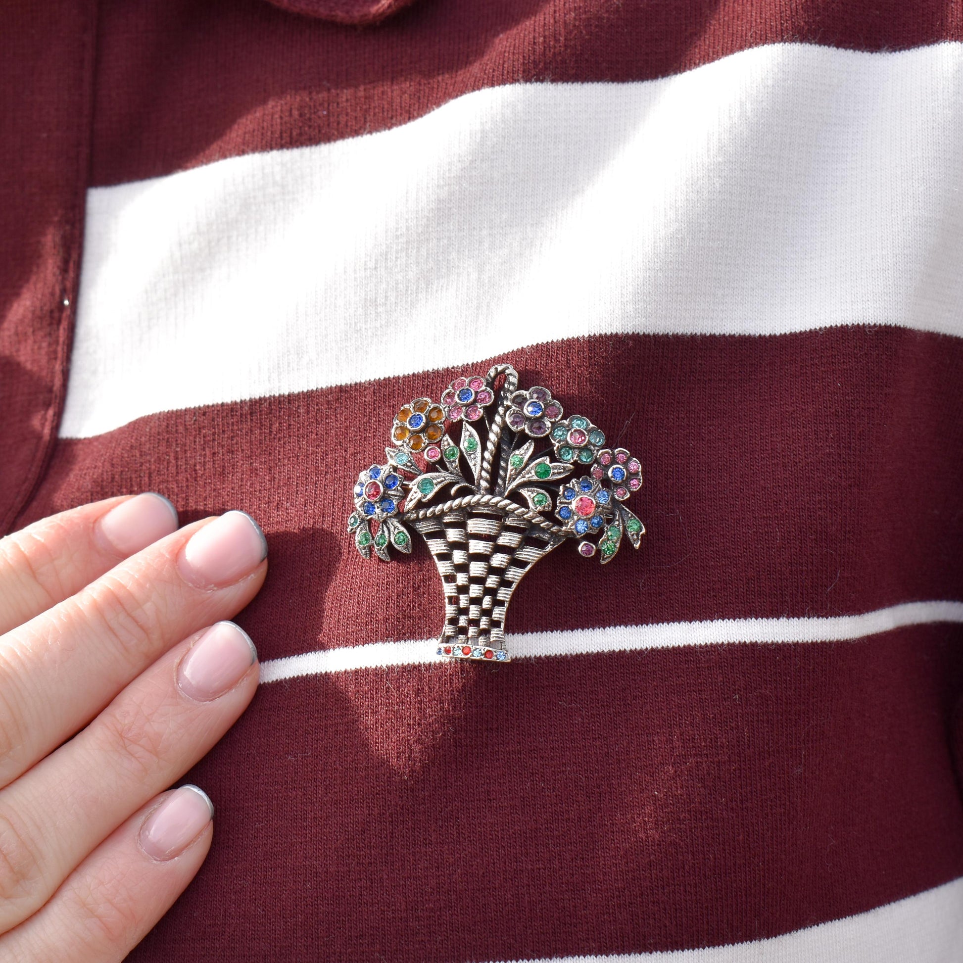 Antique Colourful Paste Sterling Silver Flower Basket Brooch Pin | Giardinetti