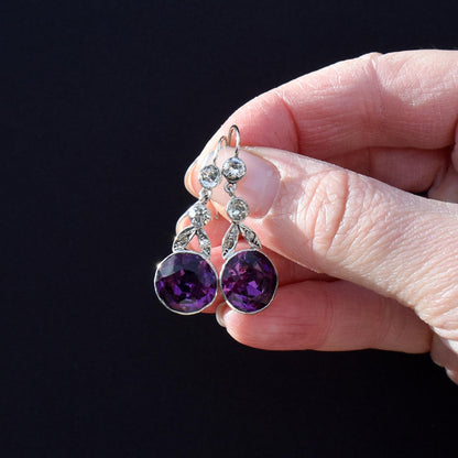 Antique Old Cut Amethyst Paste Silver Drop Earrings