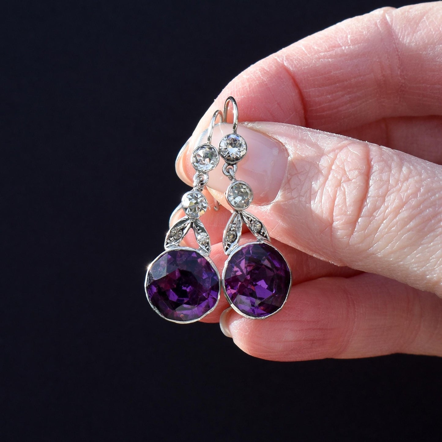 Antique Old Cut Amethyst Paste Silver Drop Earrings