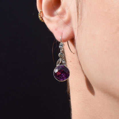 Antique Old Cut Amethyst Paste Silver Drop Earrings