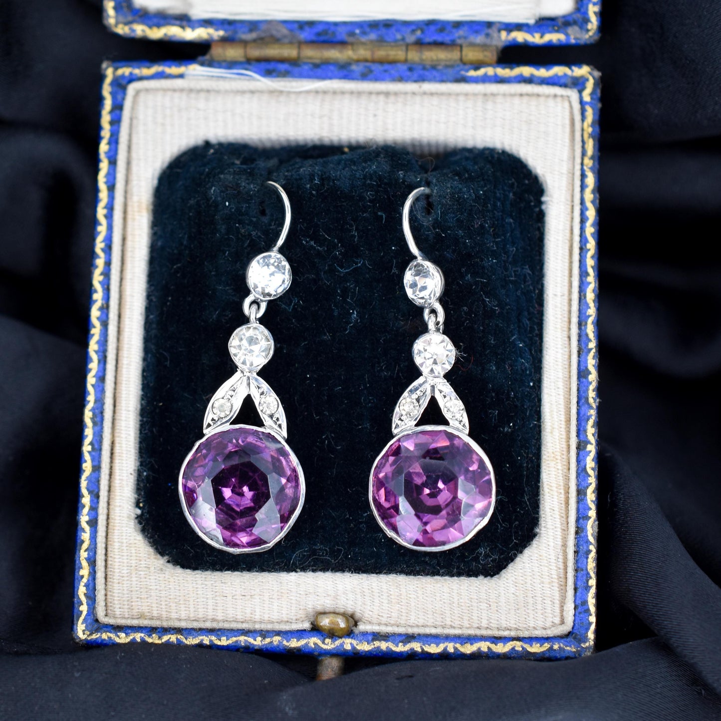 Antique Old Cut Amethyst Paste Silver Drop Earrings