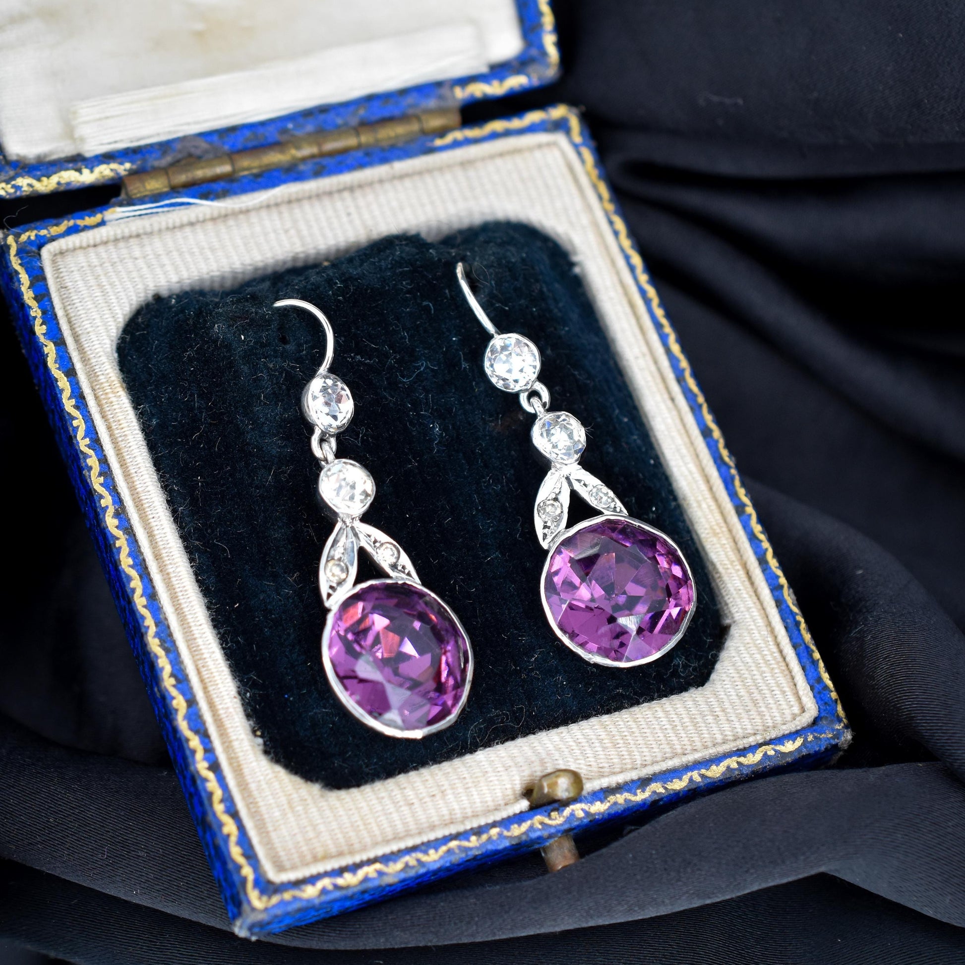 Antique Old Cut Amethyst Paste Silver Drop Earrings