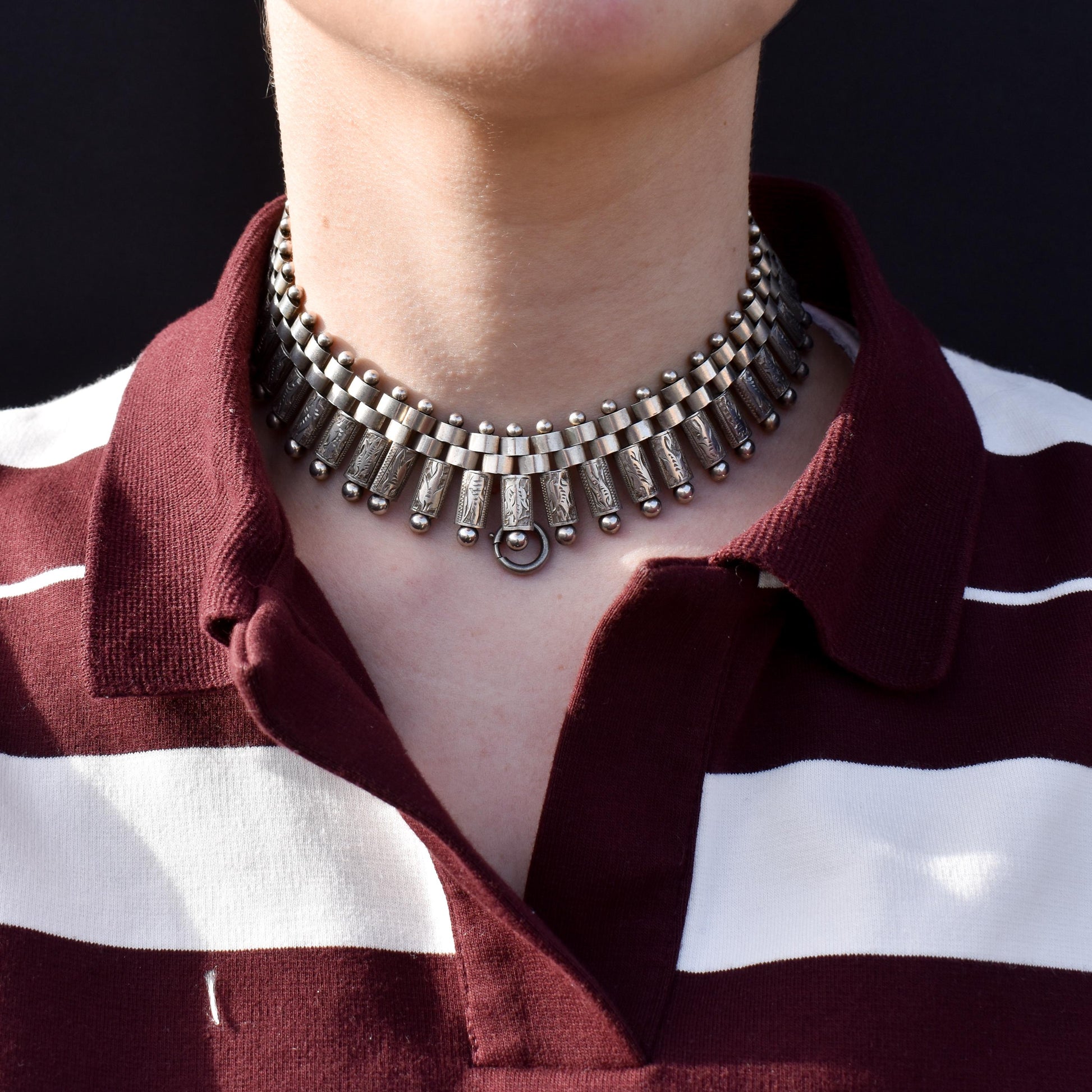 Antique Victorian Aesthetic Silver Collar Necklace | 14" Length with Bolt Ring