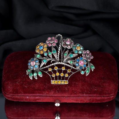 Antique Colourful Paste Silver Flower Basket Brooch Pin | Giardinetti