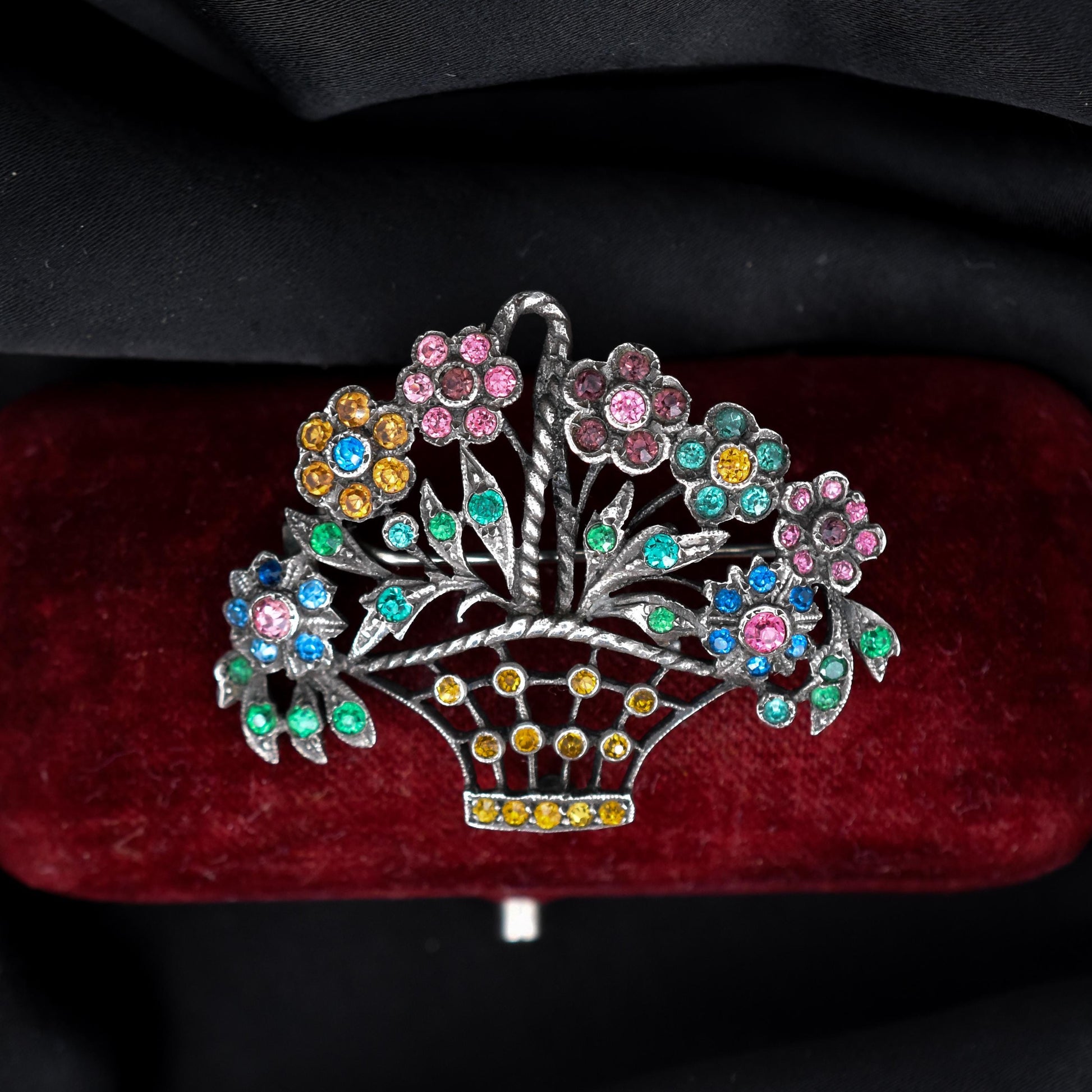 Antique Colourful Paste Silver Flower Basket Brooch Pin | Giardinetti