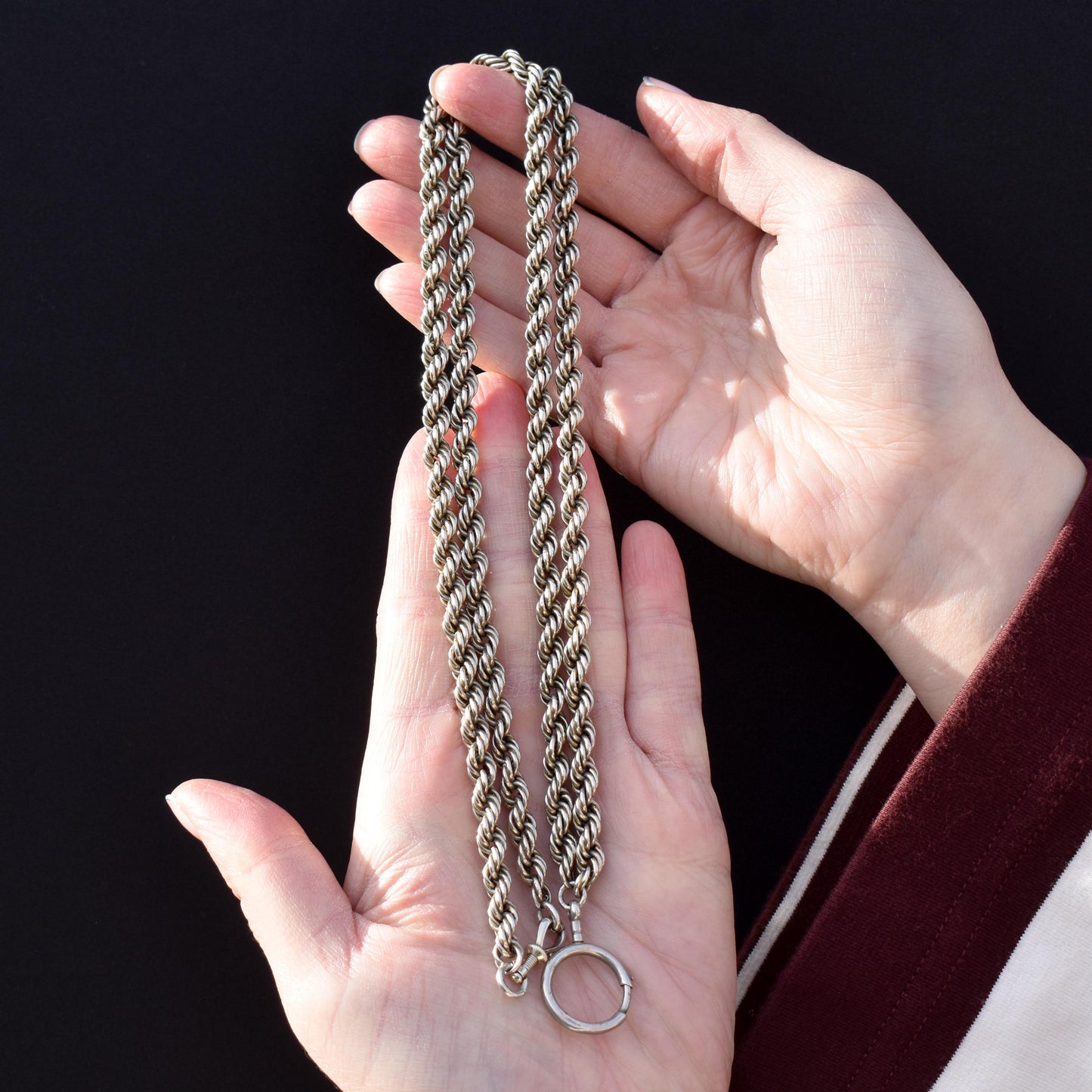 Antique Long Rope Twist Silver Chain with Large Bolt Ring and Screw Dog Clip