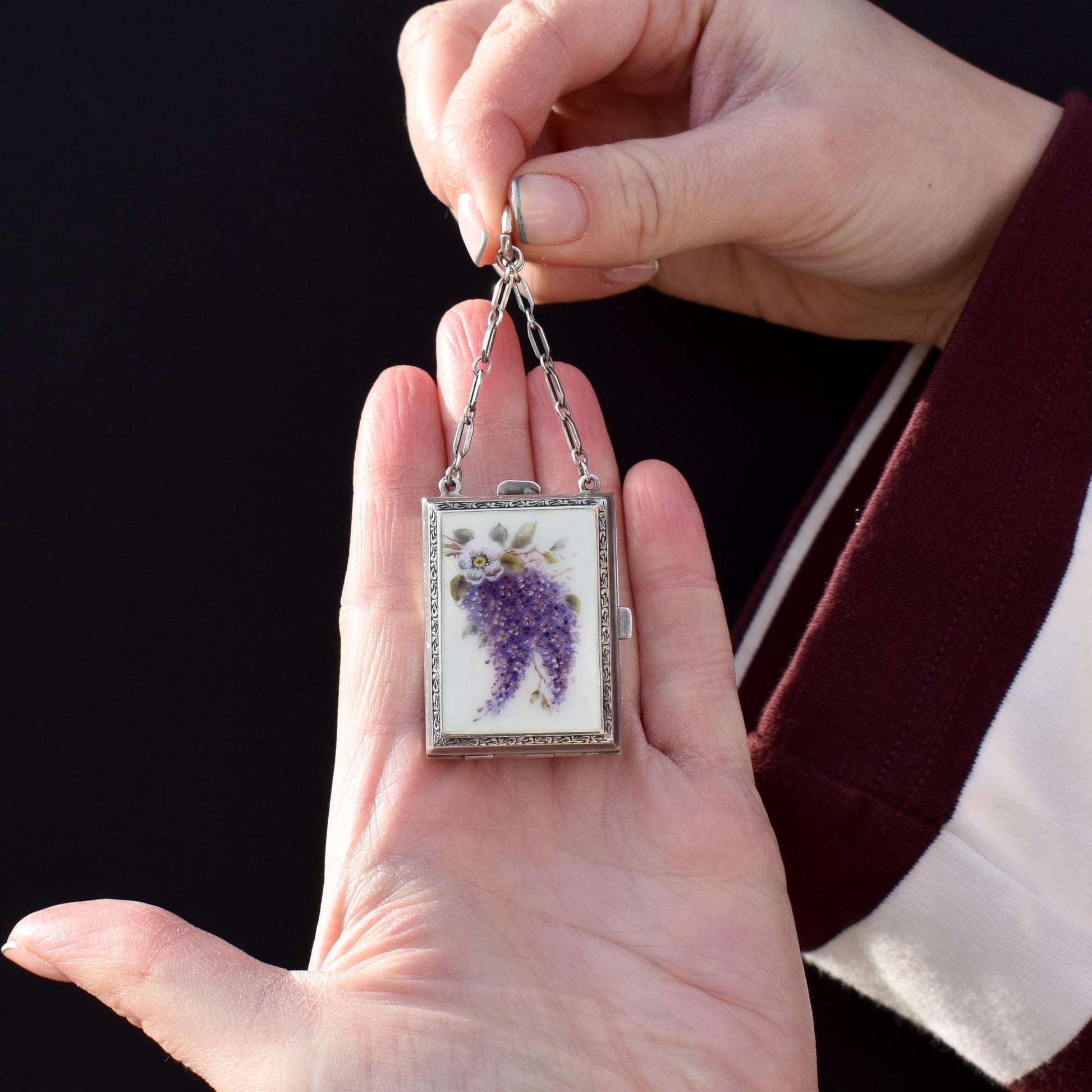 Art Deco Silver Wisteria Enamel Compact Vanity Case with Perfume Scent Bottle