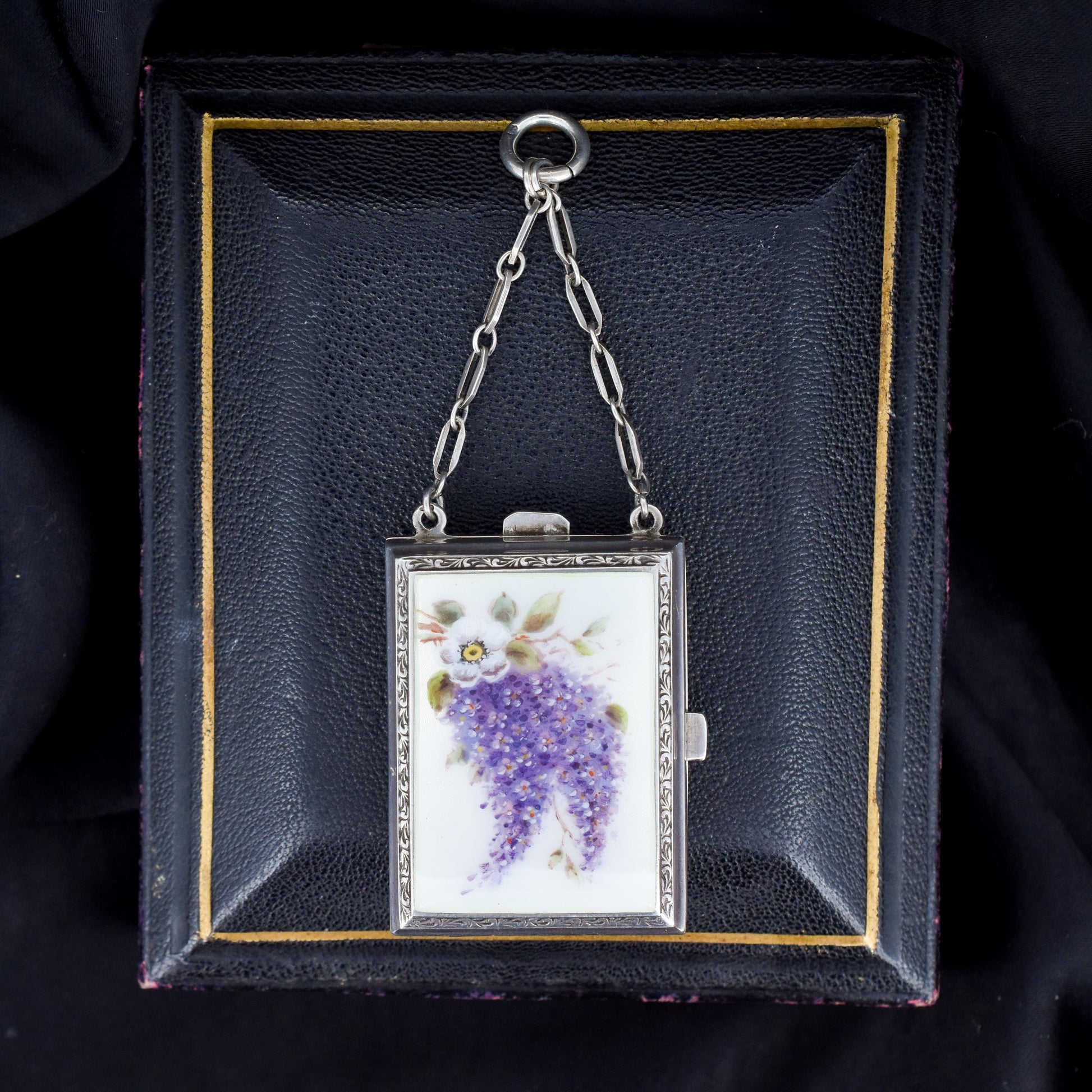 Art Deco Silver Wisteria Enamel Compact Vanity Case with Perfume Scent Bottle