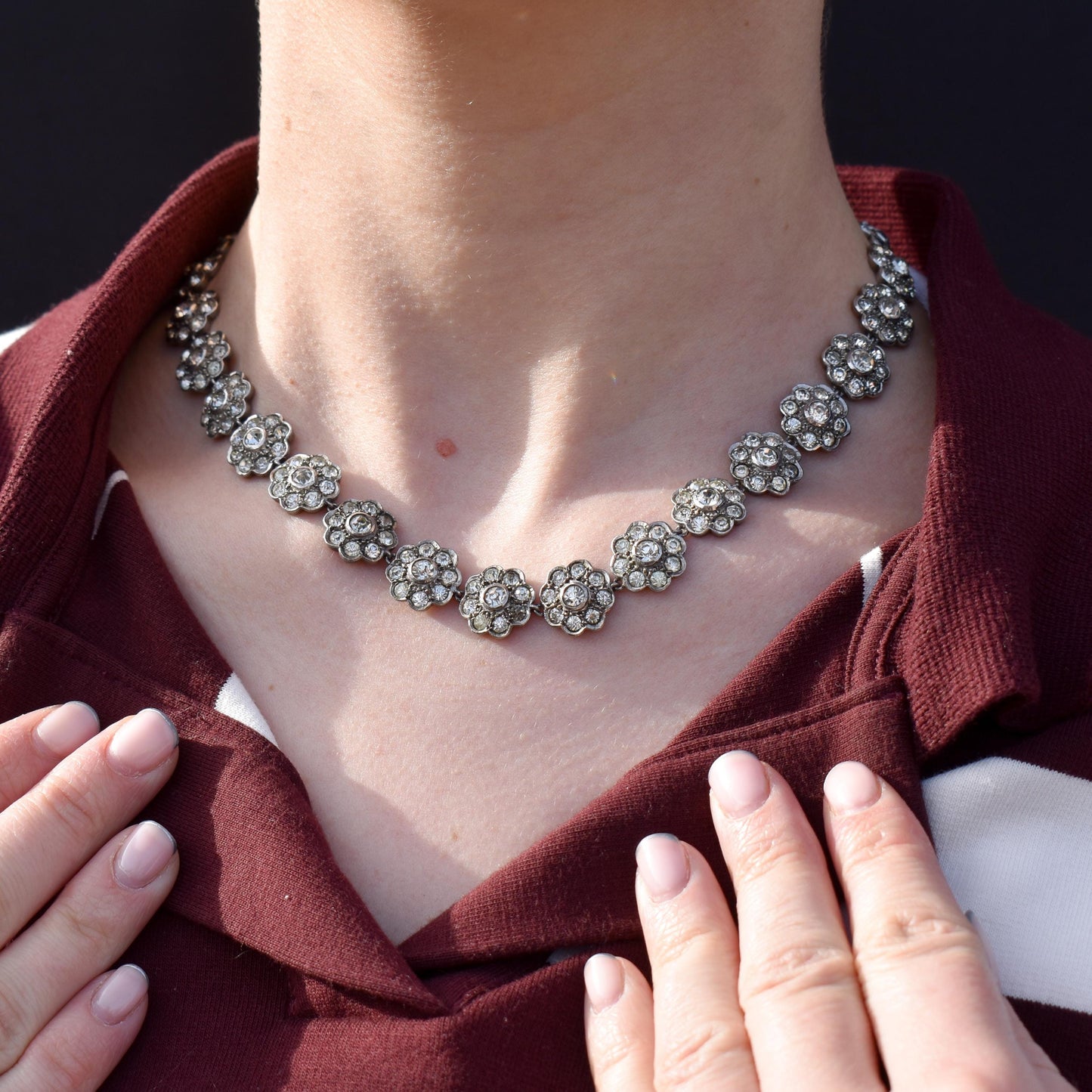 Antique Victorian Paste Flower Daisy Silver Collar Riviere Necklace