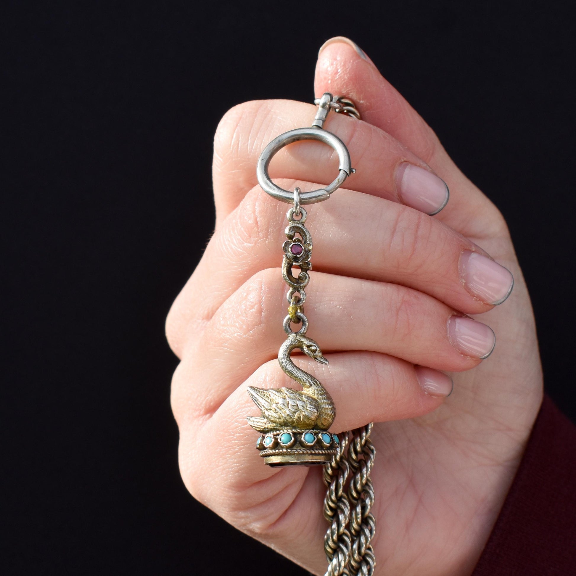 Antique Austro Hungarian Silver Swan Turquoise Fob Pendant