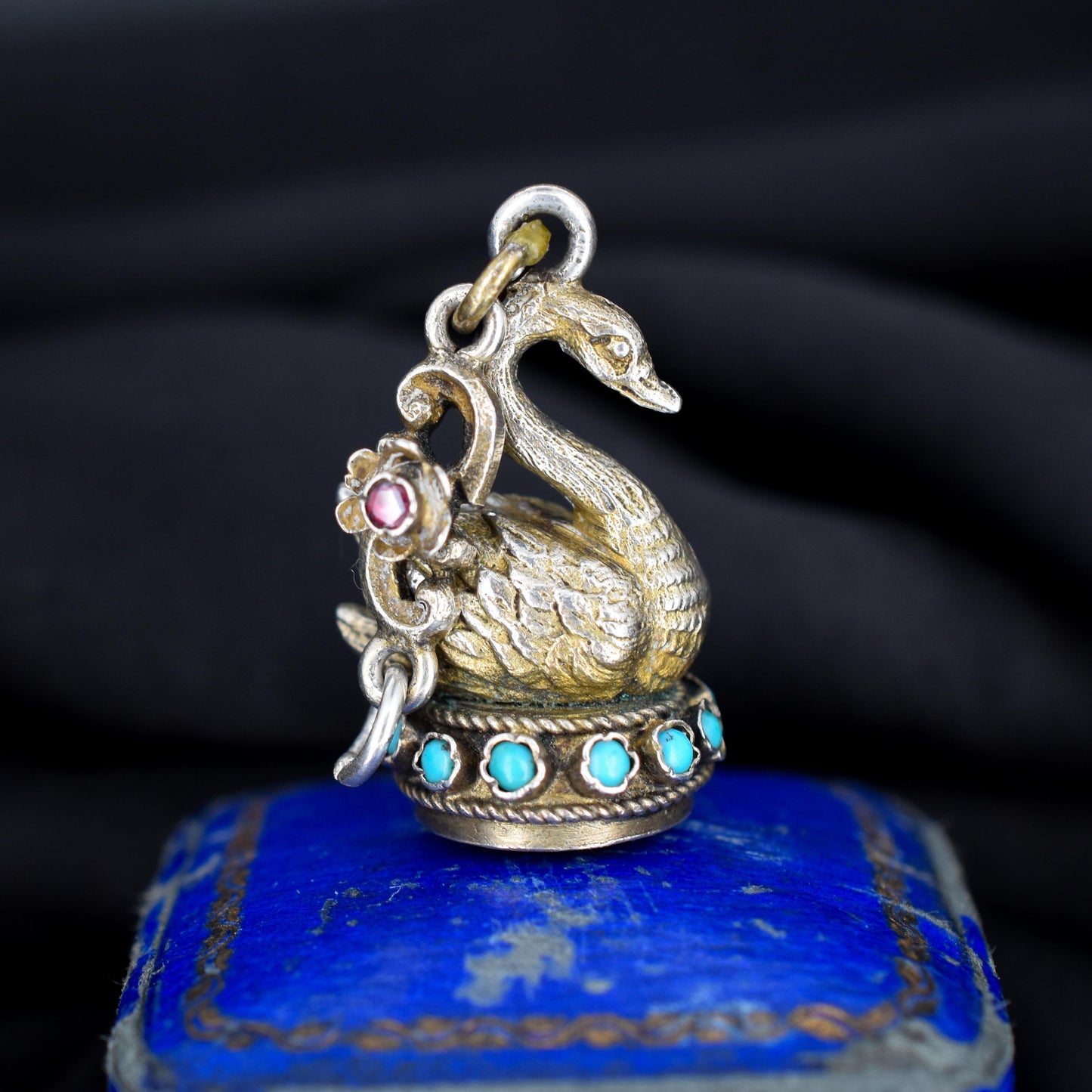 Antique Austro Hungarian Silver Swan Turquoise Fob Pendant