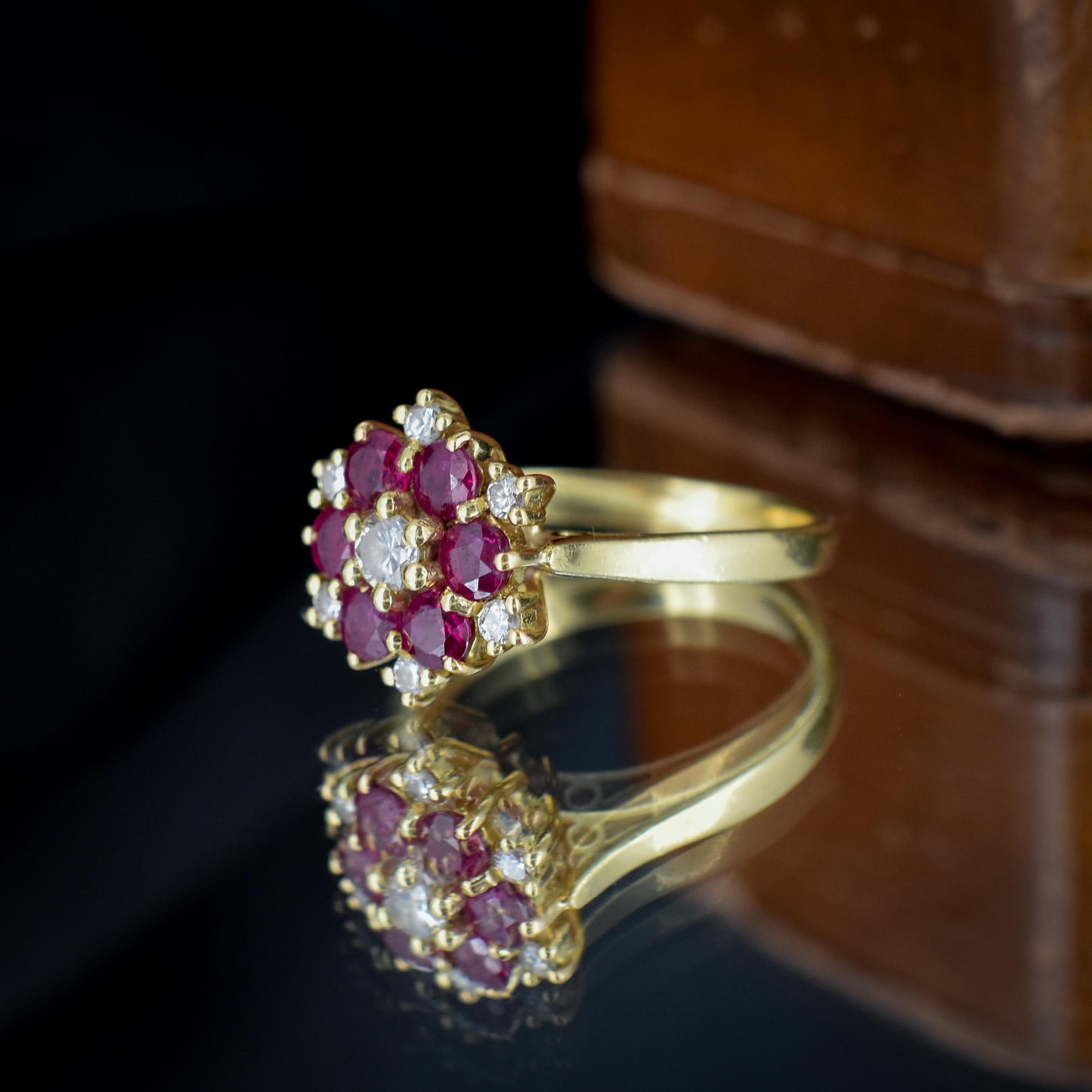 Vintage Ruby and Diamond Cluster 18ct Yellow Gold Ring