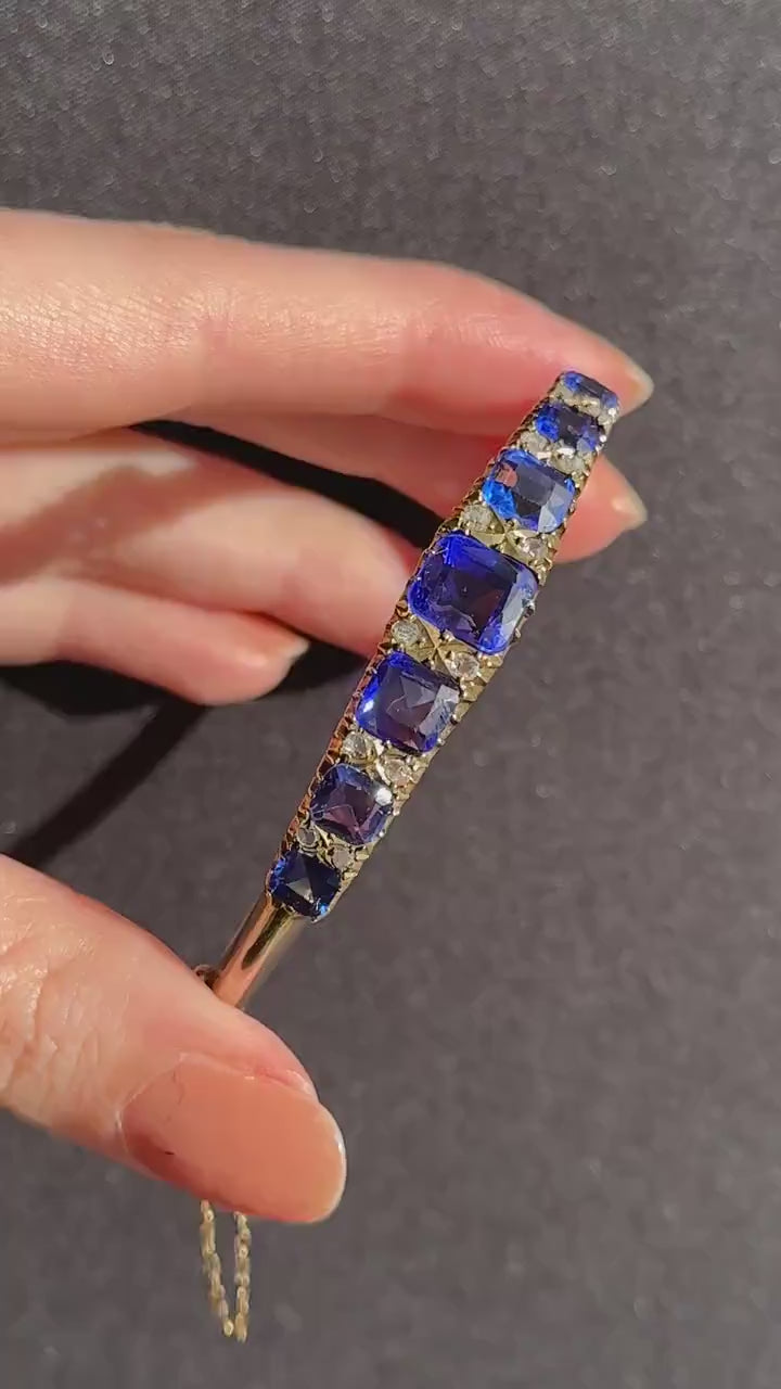 Antique Sapphire Paste and Diamond 9ct Gold Bangle Bracelet