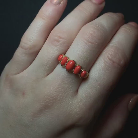 Coral Five Stone 18ct Yellow Gold Gilded Ring Band | Antique Georgian Style