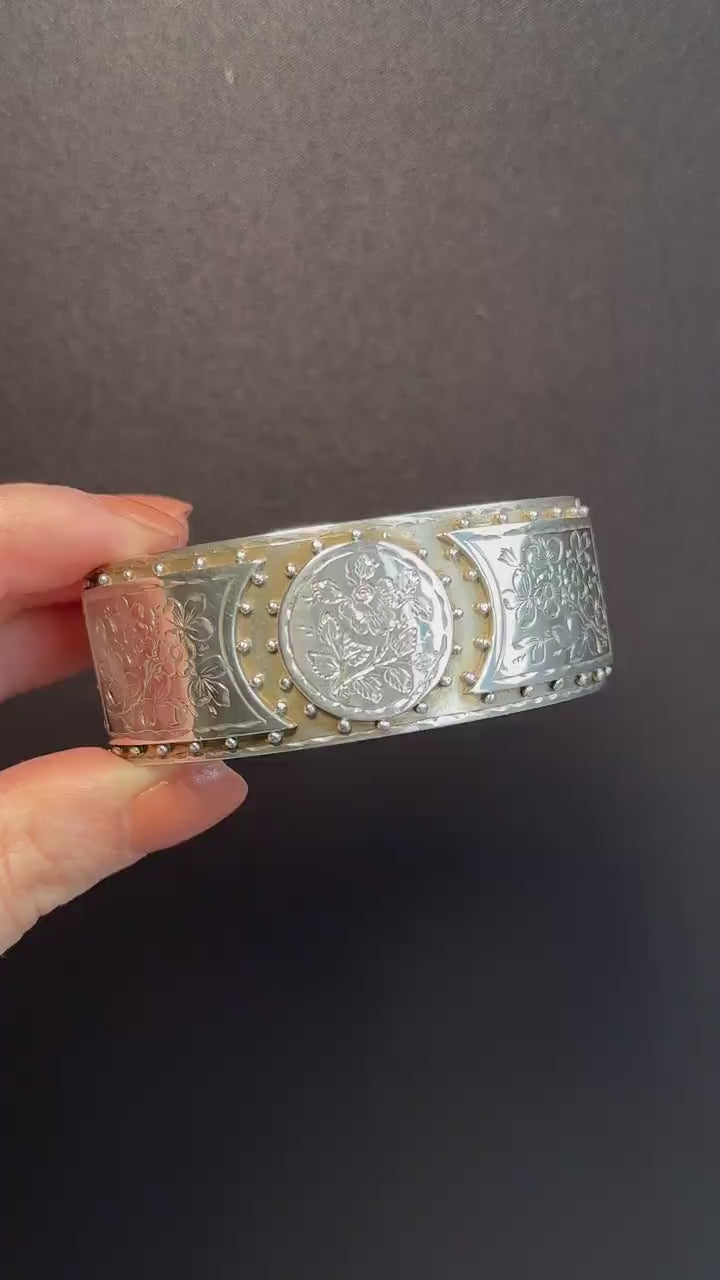 Antique Victorian Sterling Silver Floral Studded Bangle Bracelet