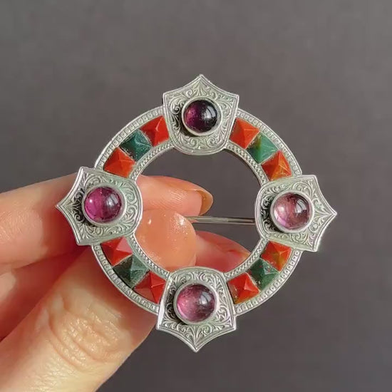 Antique Victorian Scottish Agate Sterling Silver Brooch