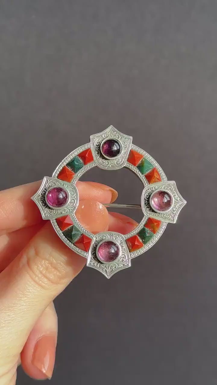 Antique Victorian Scottish Agate Sterling Silver Brooch