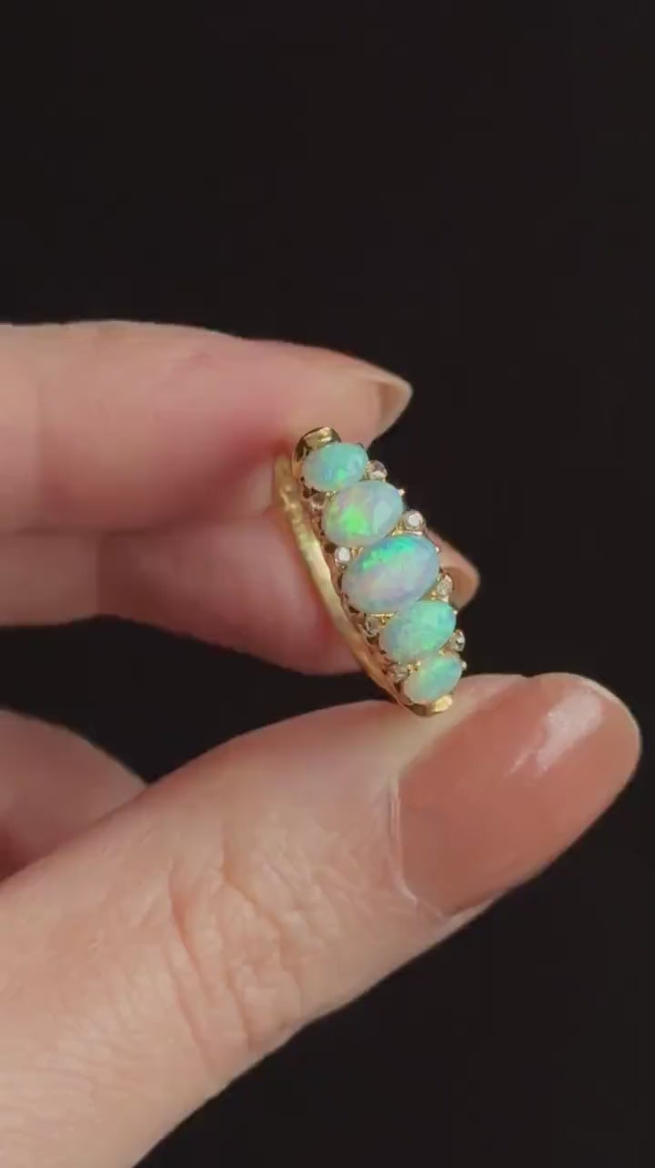 Antique Natural Opal and Diamond Five Stone 18ct Yellow Gold Ring